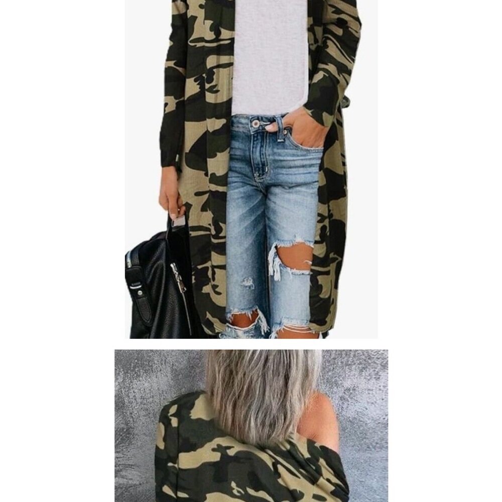 Green and Black Cardigan Sweater with Camouflage Pattern